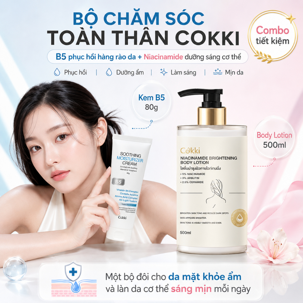 Cokki Sữa Dưỡng Thể Trắng Da 500ml | Cải Thiện Da Thô Ráp | Làm Mờ Vết Thâm Nám | Se Khít Lỗ Chân Lông | Dưỡng Ẩm Lâu Dài | Ngăn Ngừa Khô Da | Thẩm Thấu Tức Thì | Không Nhờn Rít | Phù Hợp Mọi Loại Da