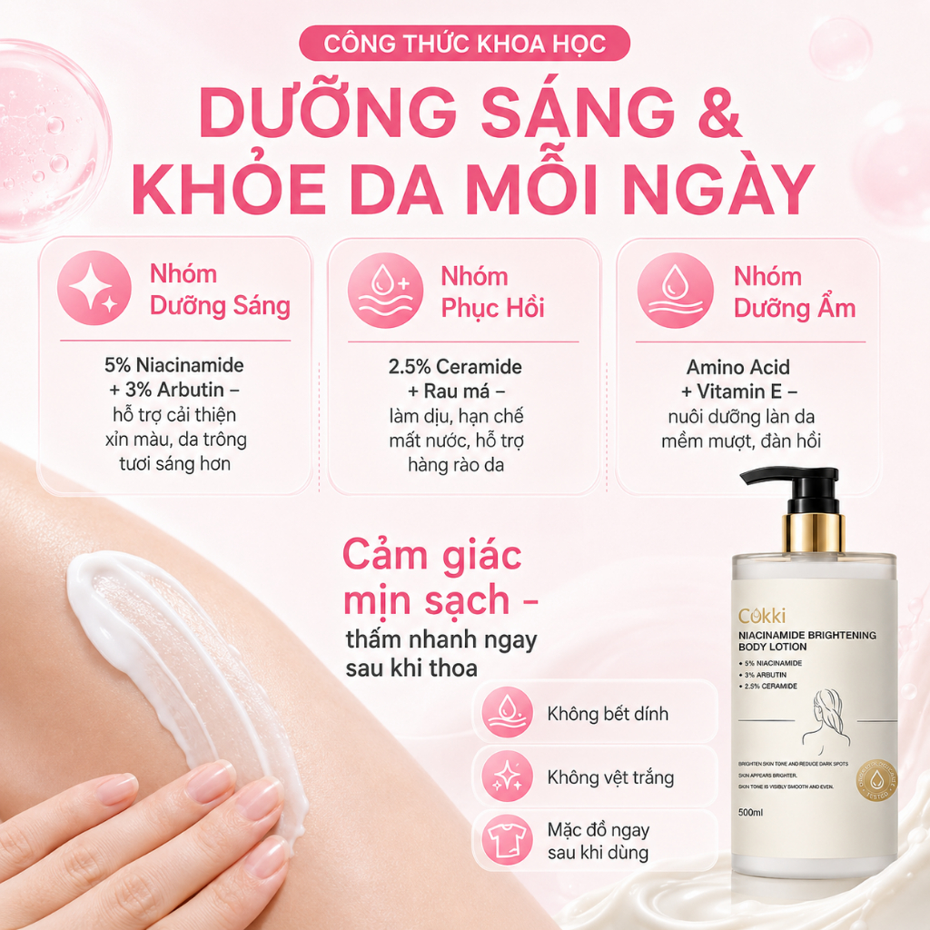 Cokki Sữa Dưỡng Thể Trắng Da 500ml | Cải Thiện Da Thô Ráp | Làm Mờ Vết Thâm Nám | Se Khít Lỗ Chân Lông | Dưỡng Ẩm Lâu Dài | Ngăn Ngừa Khô Da | Thẩm Thấu Tức Thì | Không Nhờn Rít | Phù Hợp Mọi Loại Da