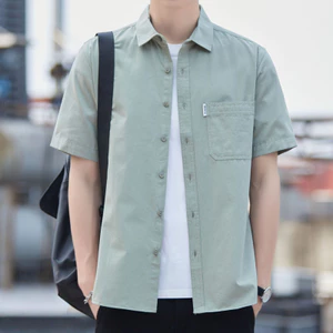 Mới Quân Đội Nam Xanh Tay Ngắn Cotton Áo Sơ Mi Công Sở Túi Thời Trang Màu Đen Áo Sơ Mi Thường Ngày