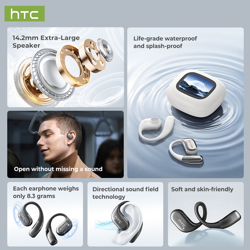 HTC NE77 Tai nghe Open-Ear OWS kèm hộp sạc có màn hình cảm ứng thông minh, truyền tải âm thanh không suy hao (lossless) qua Bluetooth 6.0, âm thanh Hi-Fi nguyên bản và khả năng kháng nước chuẩn IPX5 dành cho thể thao. | BigBuy360 - bigbuy360.vn