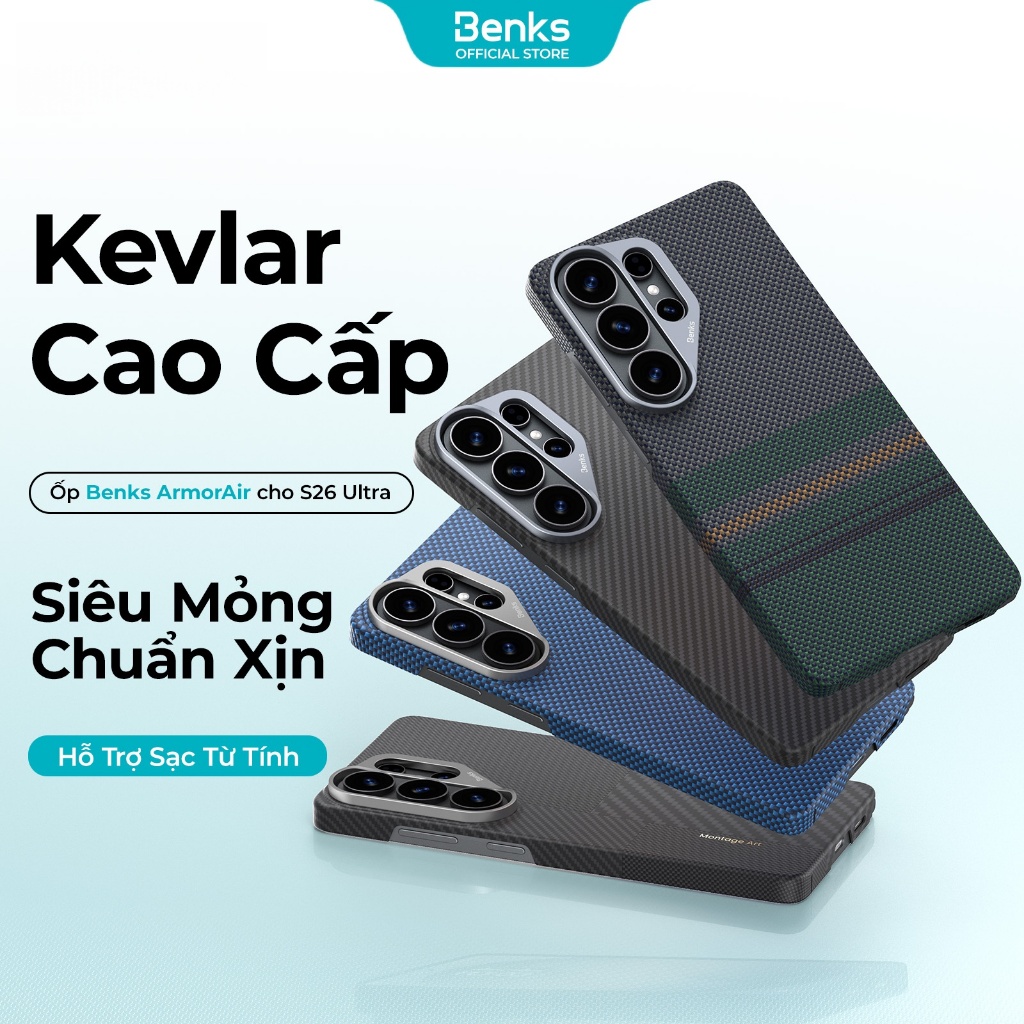 BENKS ArmorAir Ốp Lưng Samsung Galaxy S26 Ultra, Kevlar 600D & 1500D Siêu Mỏng Nhẹ, Thiết Kế Tối Giản, Bảo Vệ Cao Cấp
