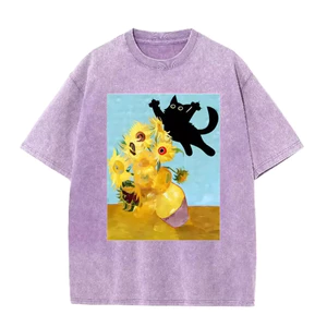 Van Gogh Sunflower Black Cat nhại lại in họa tiết retro rửa màu tím giản dị áo thun nghệ thuật