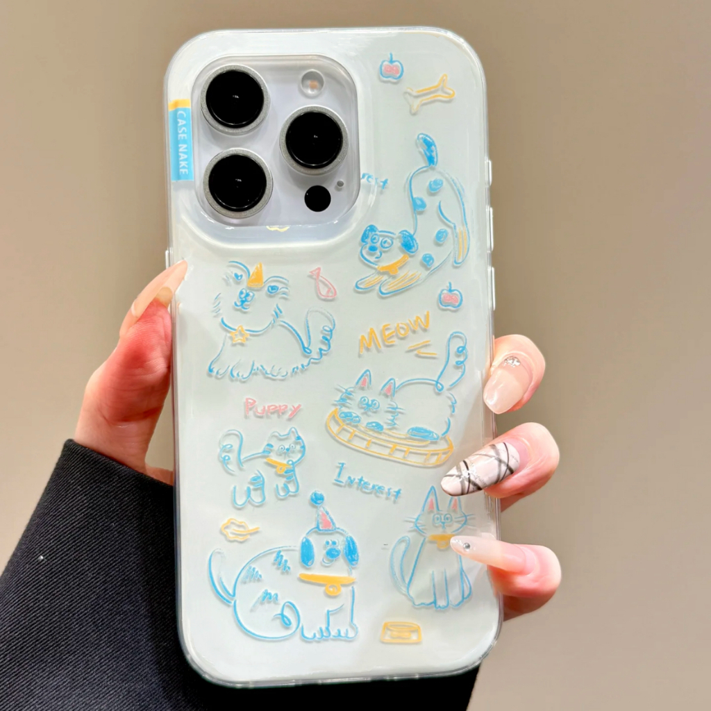 Ốp điện thoại màu xanh Graffiti Cat Dog Apple 16promax iPhone15 / 14 Ốp điện thoại mềm 13 / 12 All-in-One 11 dễ thương