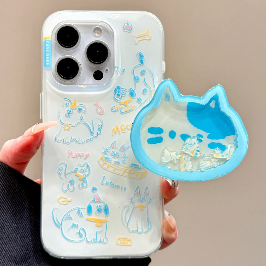 Ốp điện thoại màu xanh Graffiti Cat Dog Apple 16promax iPhone15 / 14 Ốp điện thoại mềm 13 / 12 All-in-One 11 dễ thương