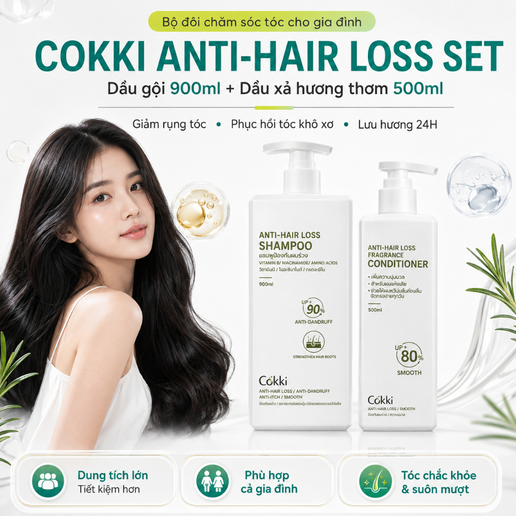 【CHÍNH HÃNG】 Dầu Gội Cokki 900ml – Với Keratin, Vitamin B & Niacinamide | Không Silicone, Dịu Nhẹ Cho Da Đầu Nhạy Cảm | Phù Hợp Với Tóc Hư Tổn | Có Quà Tặng