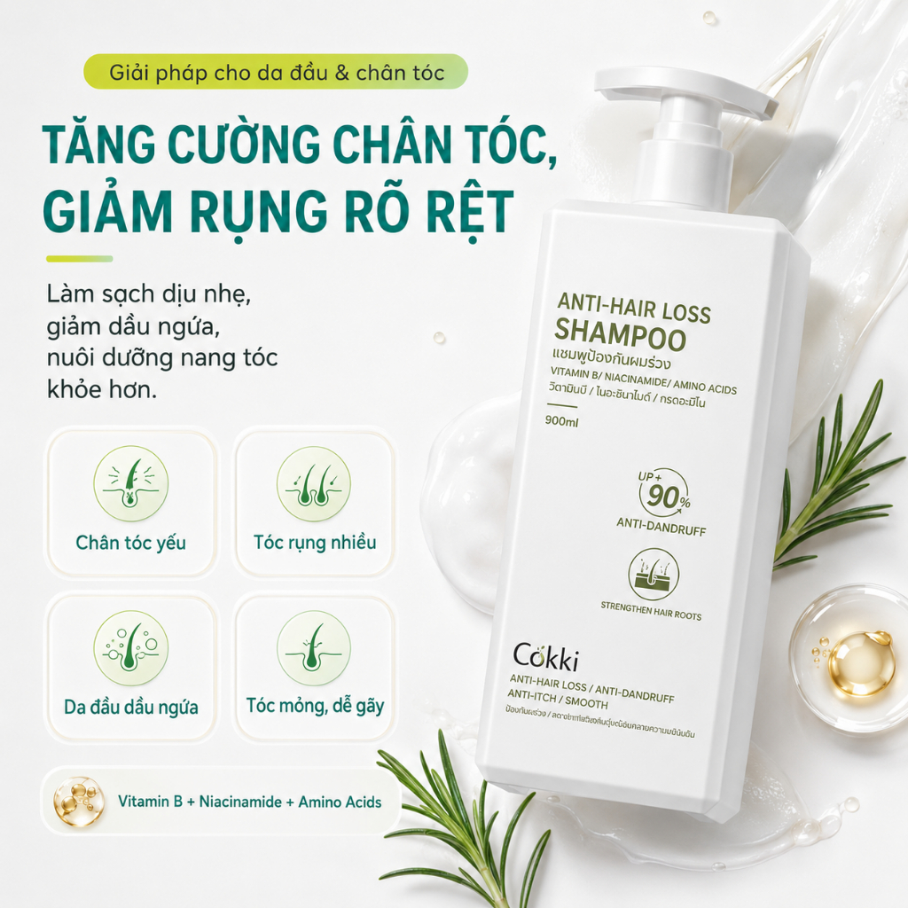 【CHÍNH HÃNG】 Dầu Gội Cokki 900ml – Với Keratin, Vitamin B & Niacinamide | Không Silicone, Dịu Nhẹ Cho Da Đầu Nhạy Cảm | Phù Hợp Với Tóc Hư Tổn | Có Quà Tặng