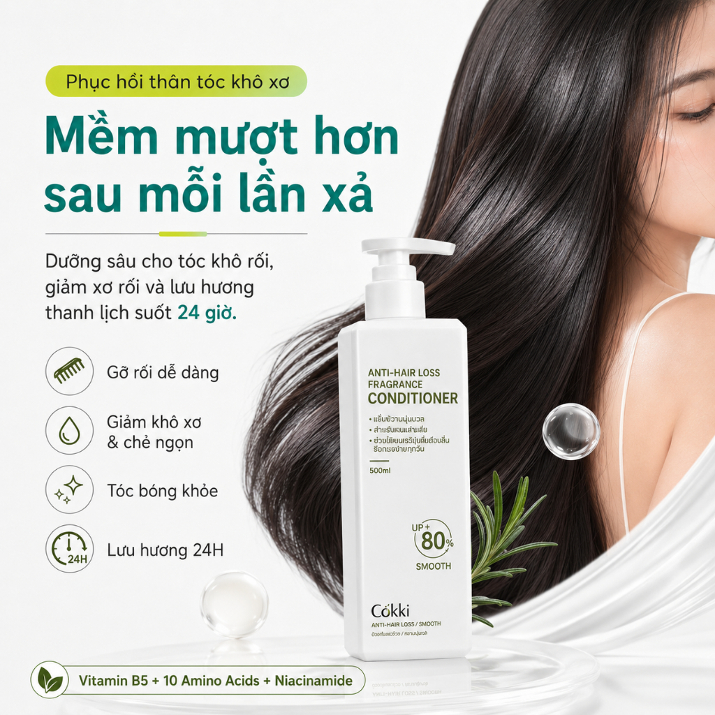 【CHÍNH HÃNG】 Dầu Gội Cokki 900ml – Với Keratin, Vitamin B & Niacinamide | Không Silicone, Dịu Nhẹ Cho Da Đầu Nhạy Cảm | Phù Hợp Với Tóc Hư Tổn | Có Quà Tặng
