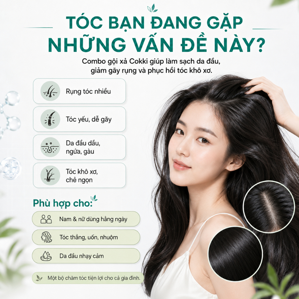 【CHÍNH HÃNG】 Dầu Gội Cokki 900ml – Với Keratin, Vitamin B & Niacinamide | Không Silicone, Dịu Nhẹ Cho Da Đầu Nhạy Cảm | Phù Hợp Với Tóc Hư Tổn | Có Quà Tặng