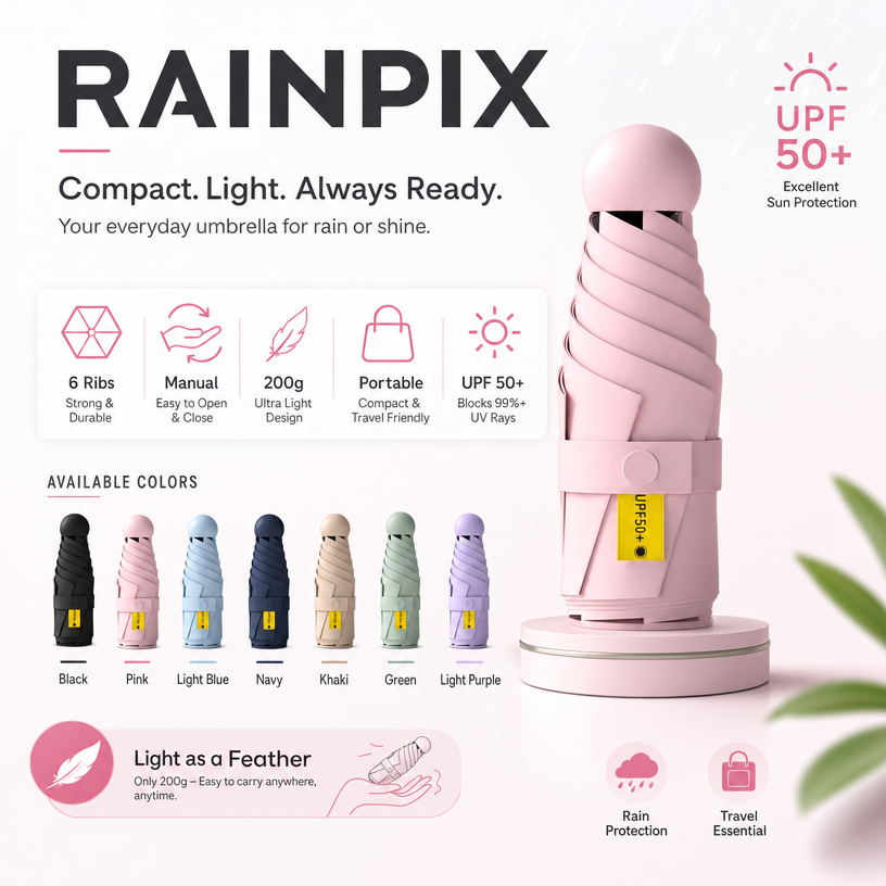 Dù di động Mini RainPix 6 khung nhiều màu UPF50 + Nhẹ