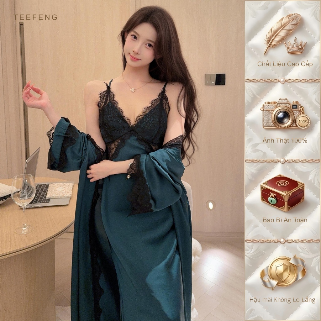 TEEFENG Váy Ngủ Nữ Cao Cấp Ren Lụa Sang Trọng Gợi Cảm Sling Mùa Hè Có Miếng Lót Ngực Loungewear