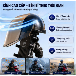 Giá Đỡ Điện Thoại Xe Máy Kèm Mái Che Chống Mưa Chống Gió Xoay 360° Kính PC Trong Suốt