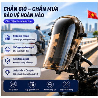 Giá Đỡ Điện Thoại Xe Máy Kèm Mái Che Chống Mưa Chống Gió Xoay 360° Kính PC Trong Suốt