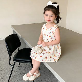 MuyoNowo Tập Đi Bé Gái Không Tay Sundress Hoạt Hình Dễ Thương In Hình Mùa Hè Một Dòng Đầm Trẻ Em