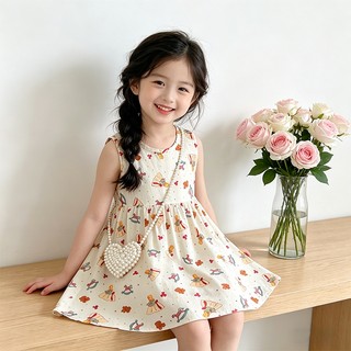 MuyoNowo Tập Đi Bé Gái Không Tay Sundress Hoạt Hình Dễ Thương In Hình Mùa Hè Một Dòng Đầm Trẻ Em