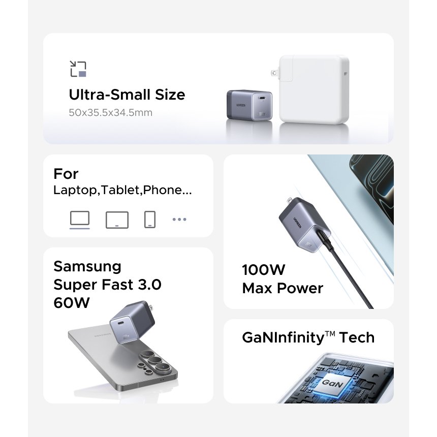 Bộ sạc USB-C màu xám UGREEN 100W GaN Hỗ Trợ AVS có phích cắm có thể gập lại + Cáp USB-C 100W, hỗ trợ sạc nhanh cho iPhone 18 Pro Max iPhone 17 / 16 Pro Max / MacBook / Samsung S26 Ultra / iPad (phích cắm US). | BigBuy360 - bigbuy360.vn
