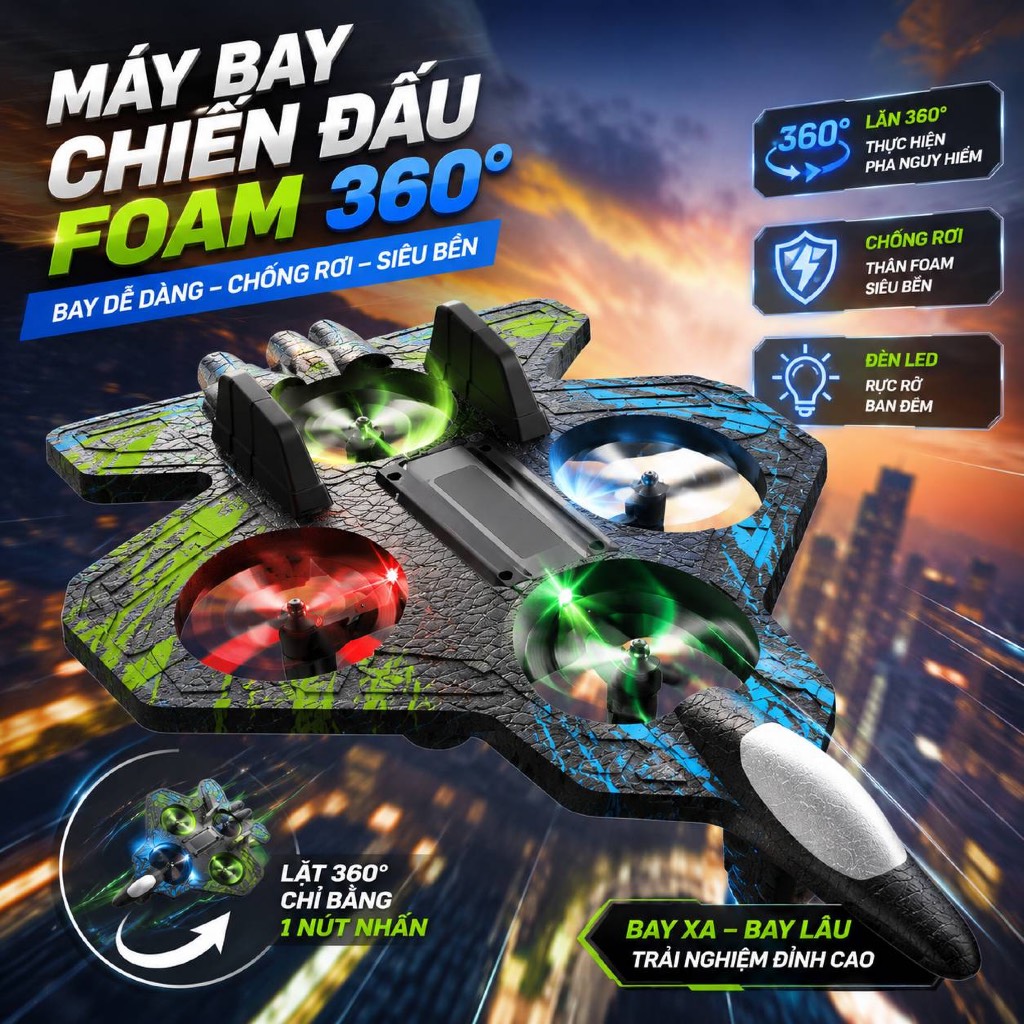 Máy Bay Điều Khiển Từ Xa Drone Foam 2 Trong 1 Cho Bé | Lộn 360° | Chống Va Đập | Đèn LED Bay Đêm | Pin Lâu | Quà Tặng Trẻ Em