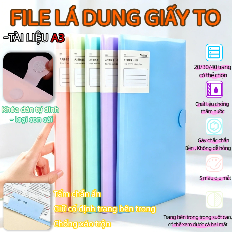 HIGHVIEWLS A3 Thư mục tập tin, Sổ lưu trữ giấy kiểm tra dung lượng lớn chống bẩn, Túi đựng hồ sơ chống nước dày 20 / 30 / 40 trang dành cho sinh viên