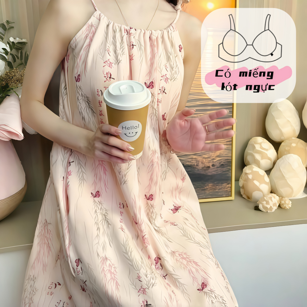 【Có miếng độn ngực】Đầm ngủ nữ mới xuân hè 2026: Dáng dây quai dễ thương, chất cotton mềm mại mỏng nhẹ, in họa tiết ngọt ngào, dáng rộng thoải mái【mặc nhà hay đi chơi đều xinh】