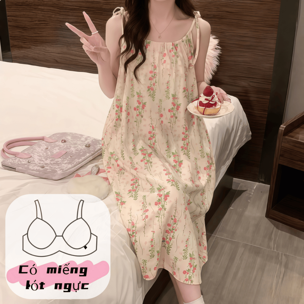 【Có miếng độn ngực】Đầm ngủ nữ mới xuân hè 2026: Dáng dây quai dễ thương, chất cotton mềm mại mỏng nhẹ, in họa tiết ngọt ngào, dáng rộng thoải mái【mặc nhà hay đi chơi đều xinh】