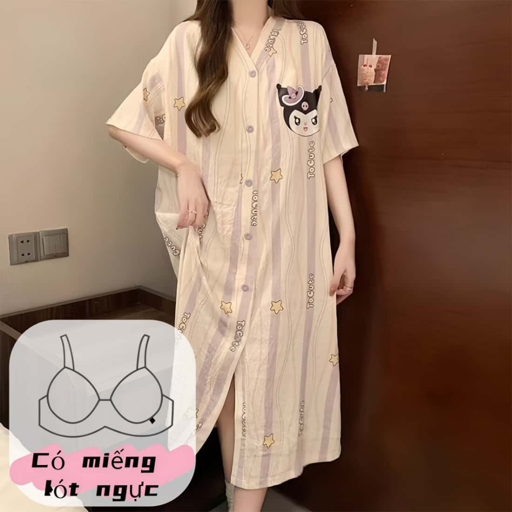 Váy ngủ dáng dài cổ chữ V form rộng, chất liệu bông mây cao cấp có hàng khuy - Phong cách tối giản sang trọng