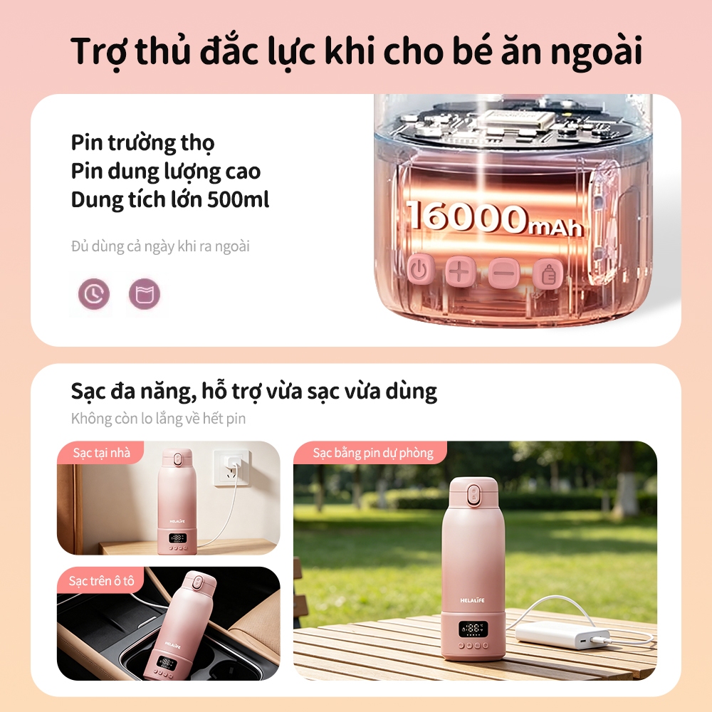 Helalife T7 Di Động Sữa Ấm Sữa Điều Chỉnh Sữa Nồi Hơi Cốc Nước Hút Chân Không Giữ Nhiệt Cốc