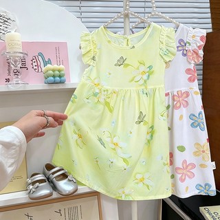 MuyoNowo Bé Gái Mùa Hè In Hoa Váy Tencel Viscose Ruffle Không Tay Trẻ Em