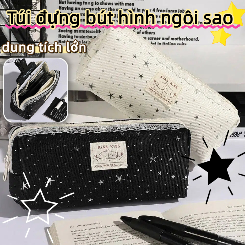Bút chì HIGHVIEWLS, Túi bút ren dung tích lớn, Túi văn phòng phẩm in hình ngôi sao đa chức năng Đồ dùng học tập