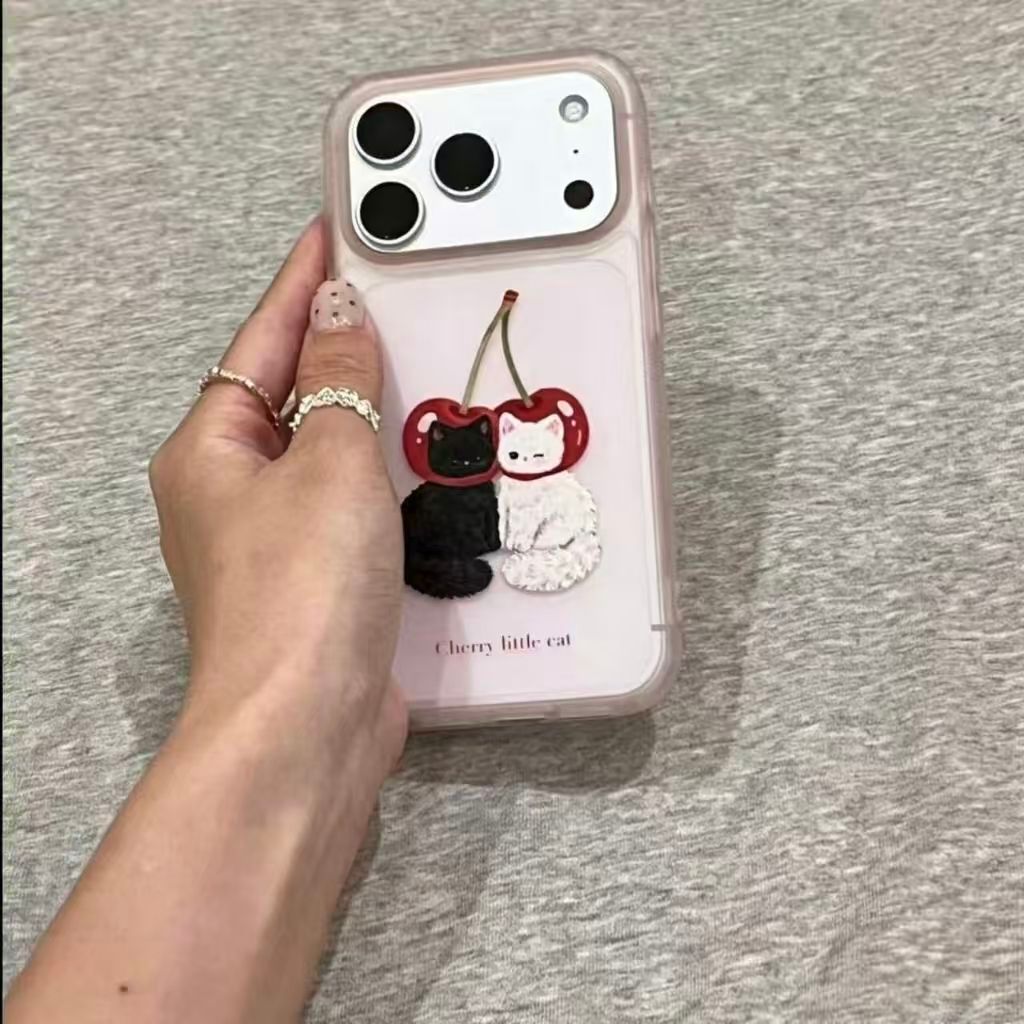 Cherry Pussycat Màu hồng trường hợp điện thoại cho 17PROMAX iPhone 16 trường hợp bảo vệ 15 14 13 12 11