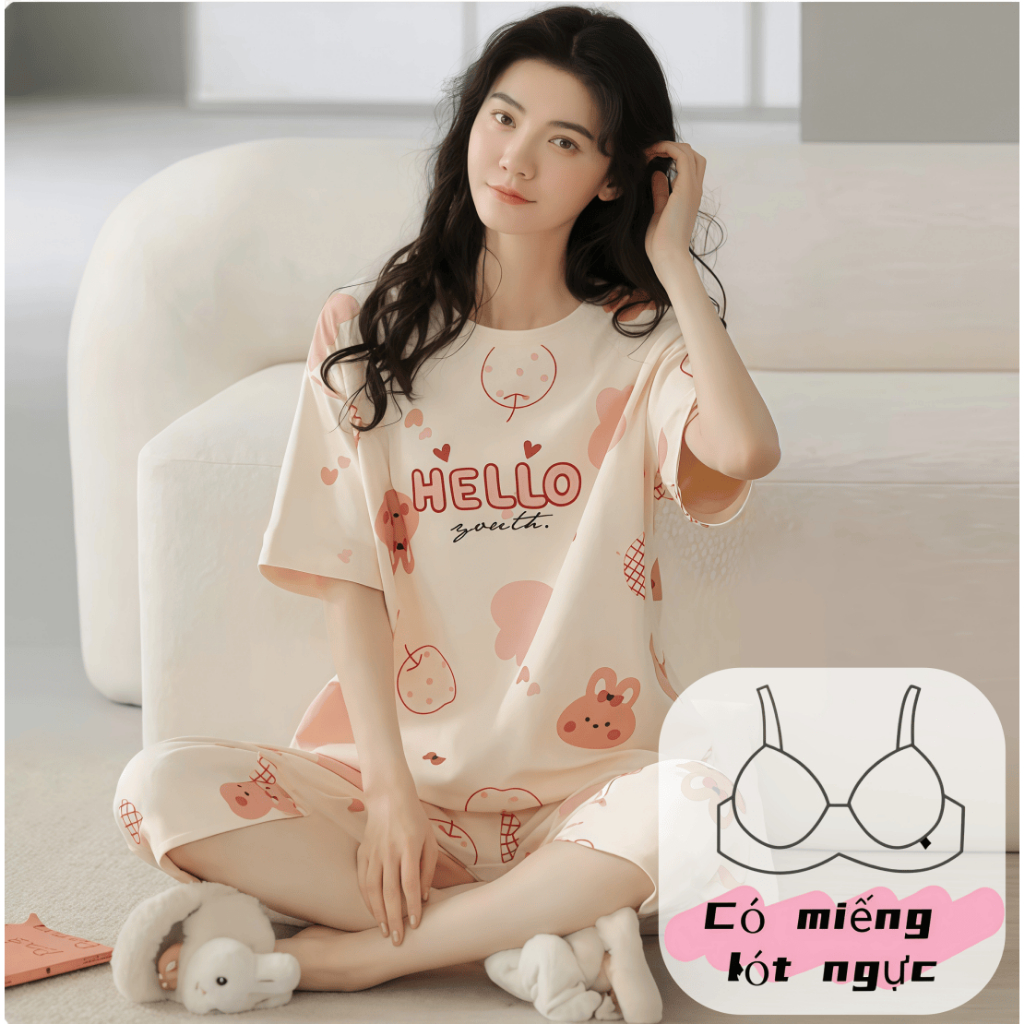 【Có miếng độn ngực】Bộ đồ ngủ nữ dễ thương mới thu xuân 2026: Áo cổ tròn tay ngắn + quần 7 phân cotton mát, thiết kế đơn giản nhưng thanh lịch【mặc nhà hay dạo phố đều đẹp】