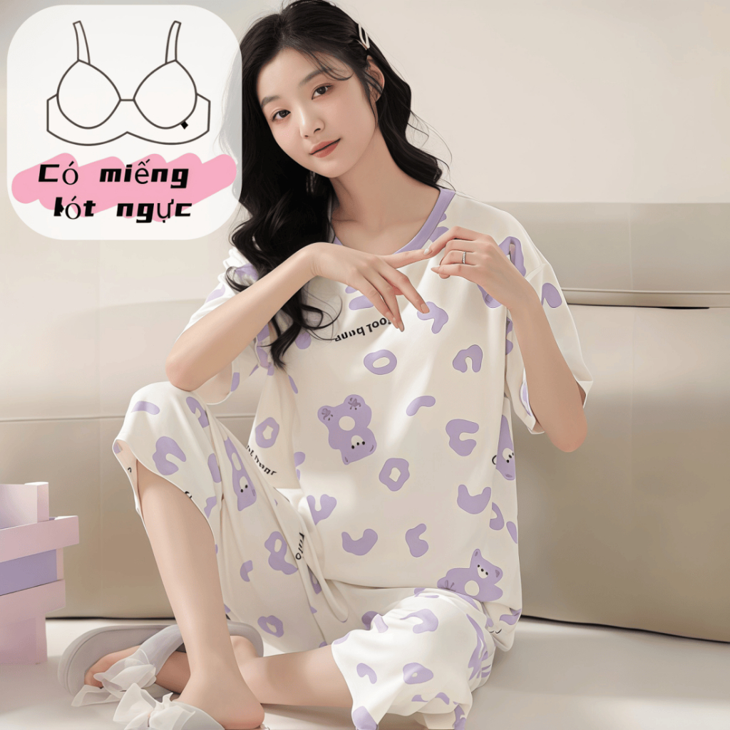 【Có miếng độn ngực】Bộ đồ ngủ nữ dễ thương mới thu xuân 2026: Áo cổ tròn tay ngắn + quần 7 phân cotton mát, thiết kế đơn giản nhưng thanh lịch【mặc nhà hay dạo phố đều đẹp】