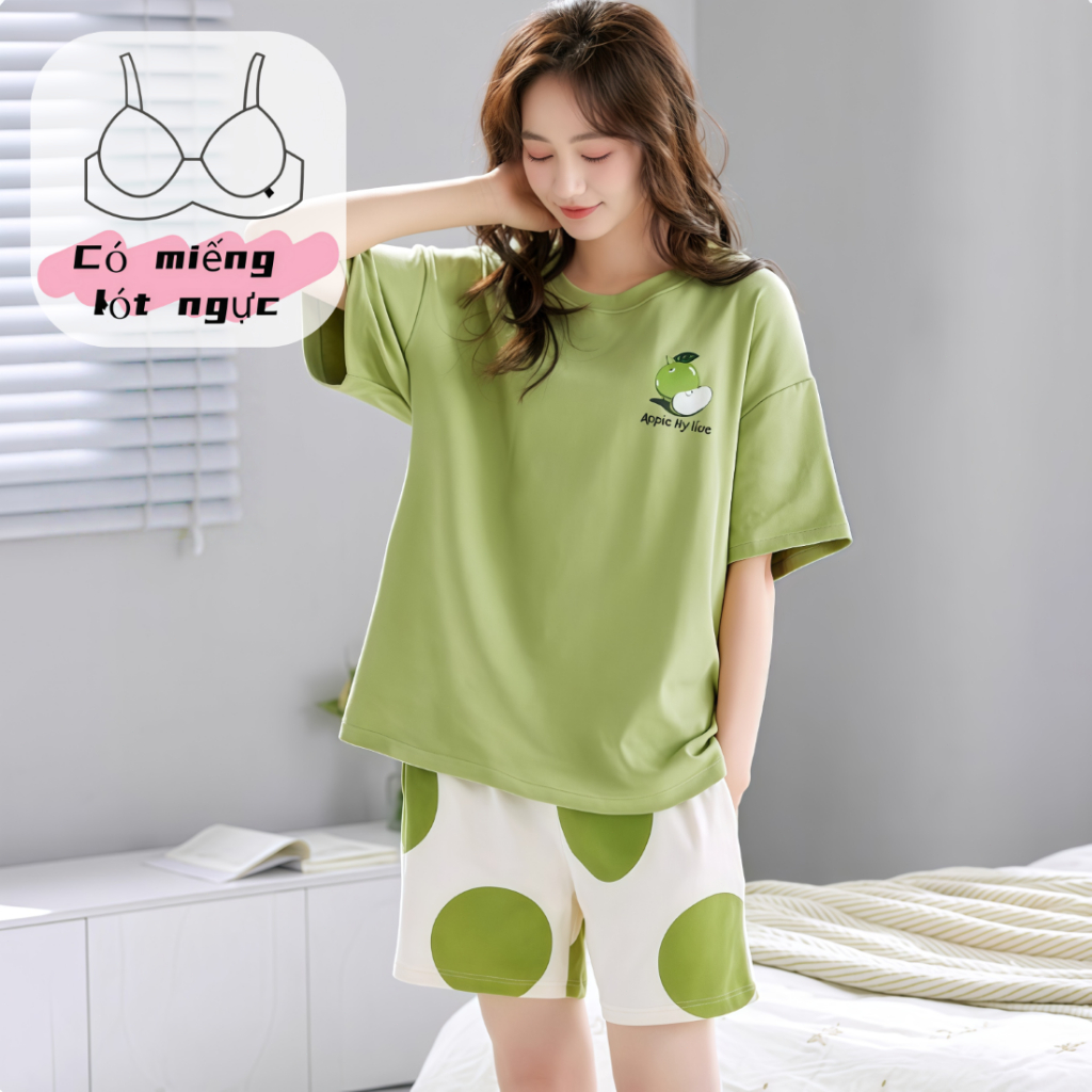 【Có miếng độn ngực】Bộ đồ ngủ nữ dễ thương mới thu xuân 2026: Áo cổ tròn tay ngắn + quần 7 phân cotton mát, thiết kế đơn giản nhưng thanh lịch【mặc nhà hay dạo phố đều đẹp】
