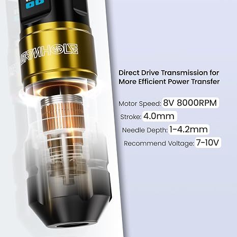 Bút xăm không dây Wormhole - 8V 8000RPM, 4mm Stroke, Màn hình LCD