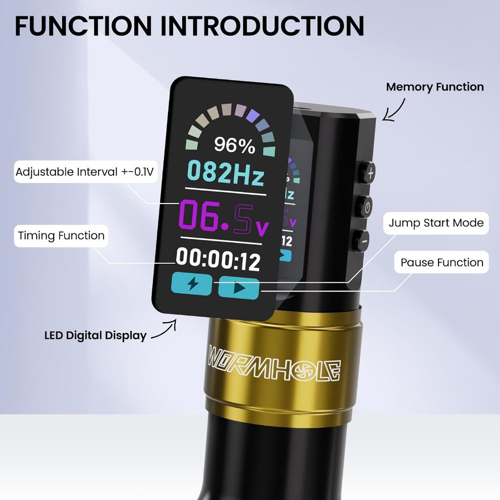 Bút xăm không dây Wormhole - 8V 8000RPM, 4mm Stroke, Màn hình LCD
