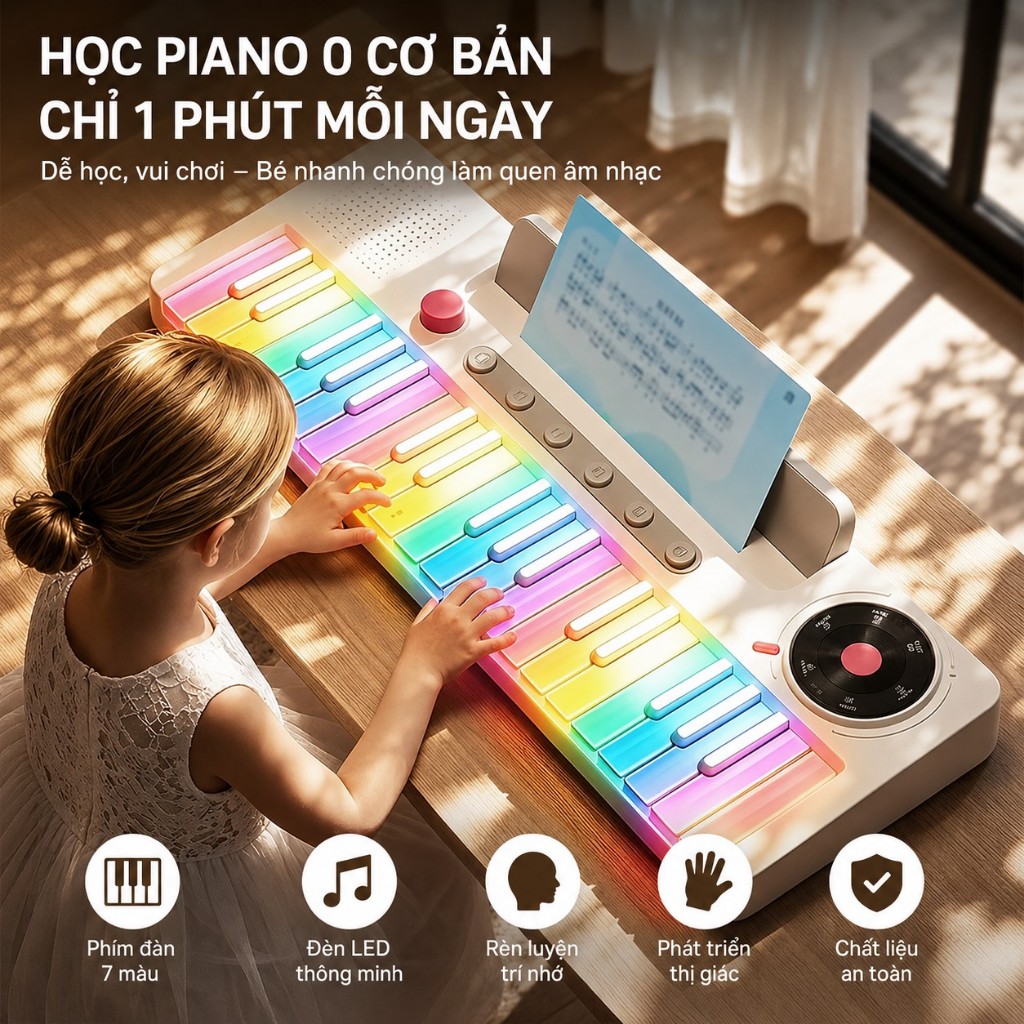 Đàn piano 37 phím thông minh cầu vồng BESY, được trang bị đèn báo đầy màu sắc phát sáng và phát âm thanh khi ép. Thích hợp cho trẻ em, người mới bắt đầu và trẻ sơ sinh. Tính năng intel