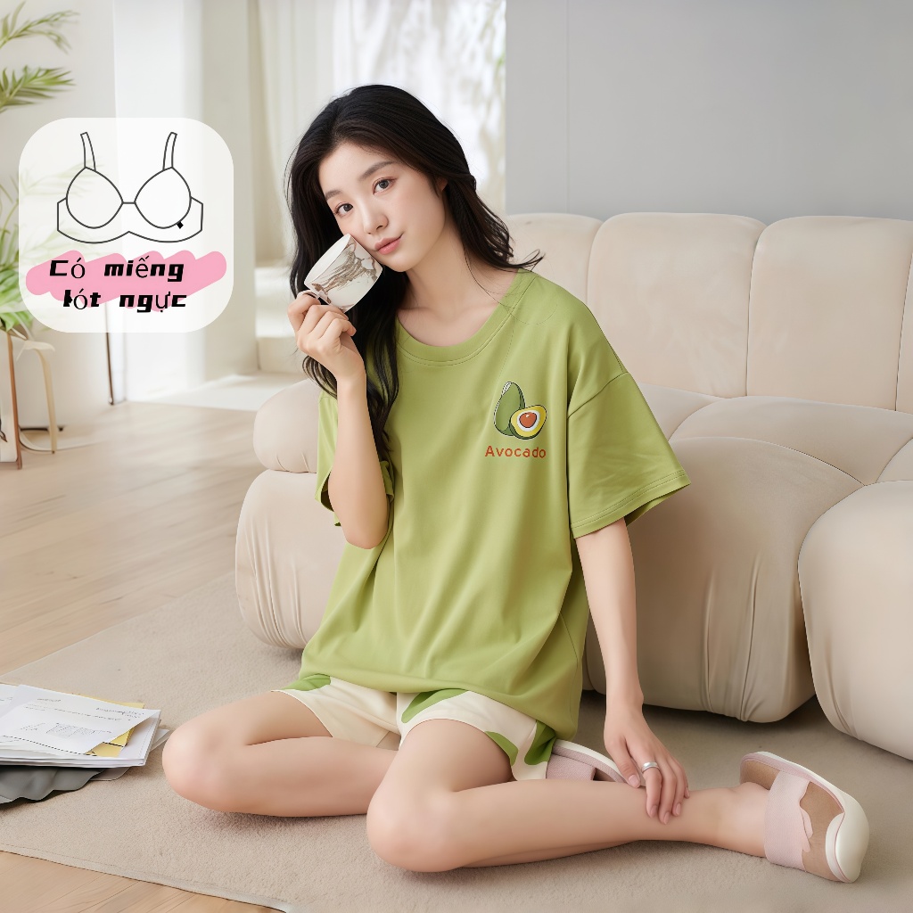 【Có độn ngực】Bộ đồ ngủ nữ dễ thương mới hè 2026: Áo cổ tròn + quần cotton mát in hình hoạt hình ngọt ngào, thiết kế rộng rãi thoải mái【mặc nhà hay dạo phố đều đẹp】