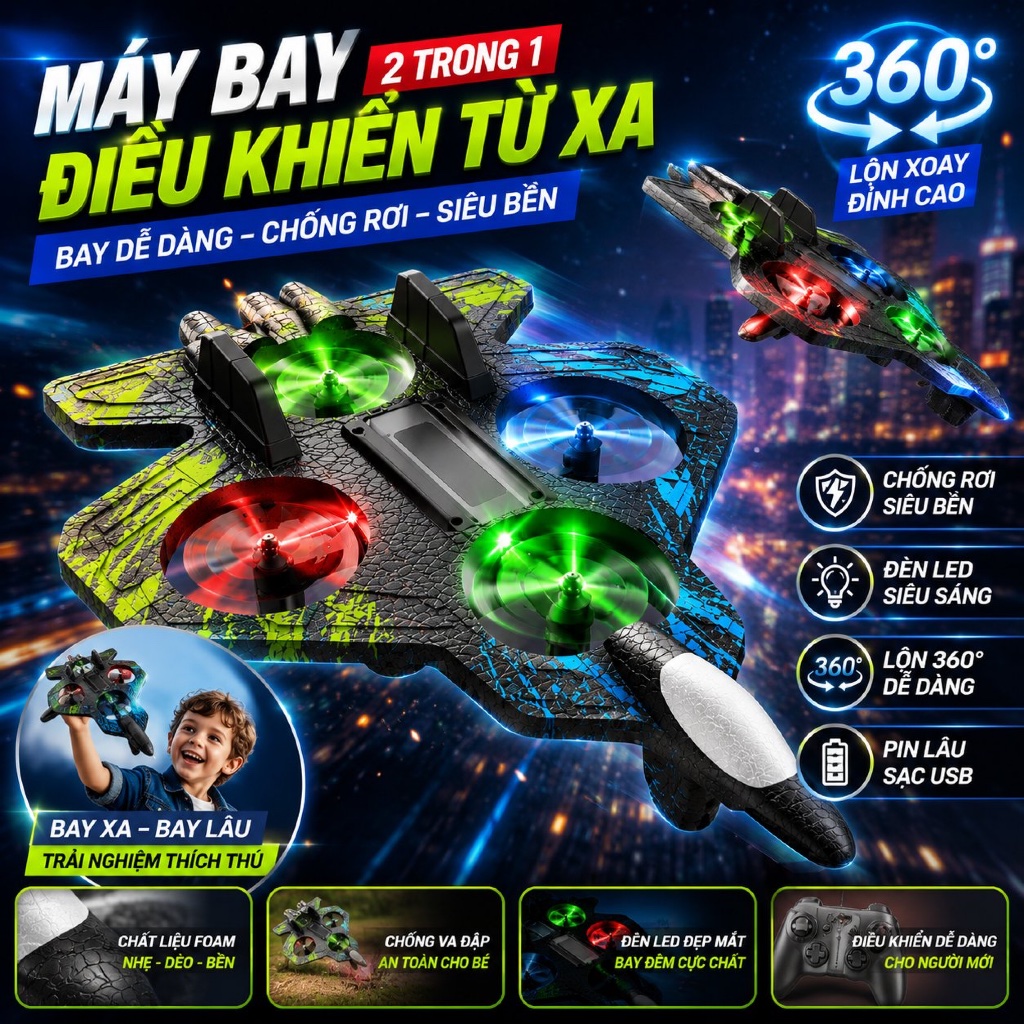 Máy Bay Điều Khiển Từ Xa Drone Foam 2 Trong 1 Cho Bé | Lộn 360° | Chống Va Đập | Đèn LED Bay Đêm | Pin Lâu | Quà Tặng Trẻ Em