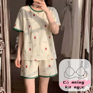 【Bông cao cấp + Ép ngực】Đồ ngủ hè cổ tròn tay ngắn + quần short – Mẫu bán chạy nhất mùa hè – Chất bông mềm mịn, thoáng mát – Giá sốc khuyến mãi – Bộ mặc nhà siêu xinh cho nữ