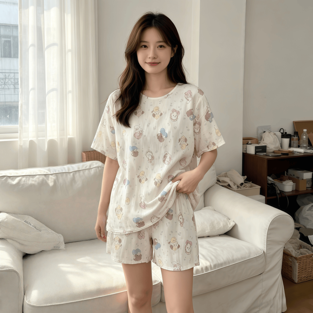 【Bông 100%】Bộ đồ ngủ mùa hè mỏng nhẹ – Cổ tròn rộng rãi thoải mái – Áo tay ngắn + quần short – Giá tốt – Đồ mặc nhà / đồ ngủ nữ