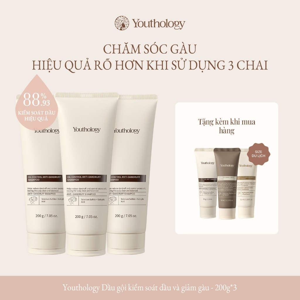 Youthology Dầu gội kiểm soát dầu và giảm gàu 200g*3, Chăm sóc gàu, Kết quả tốt hơn với 3 chai Quà tặng miễn phí khi mua hàng