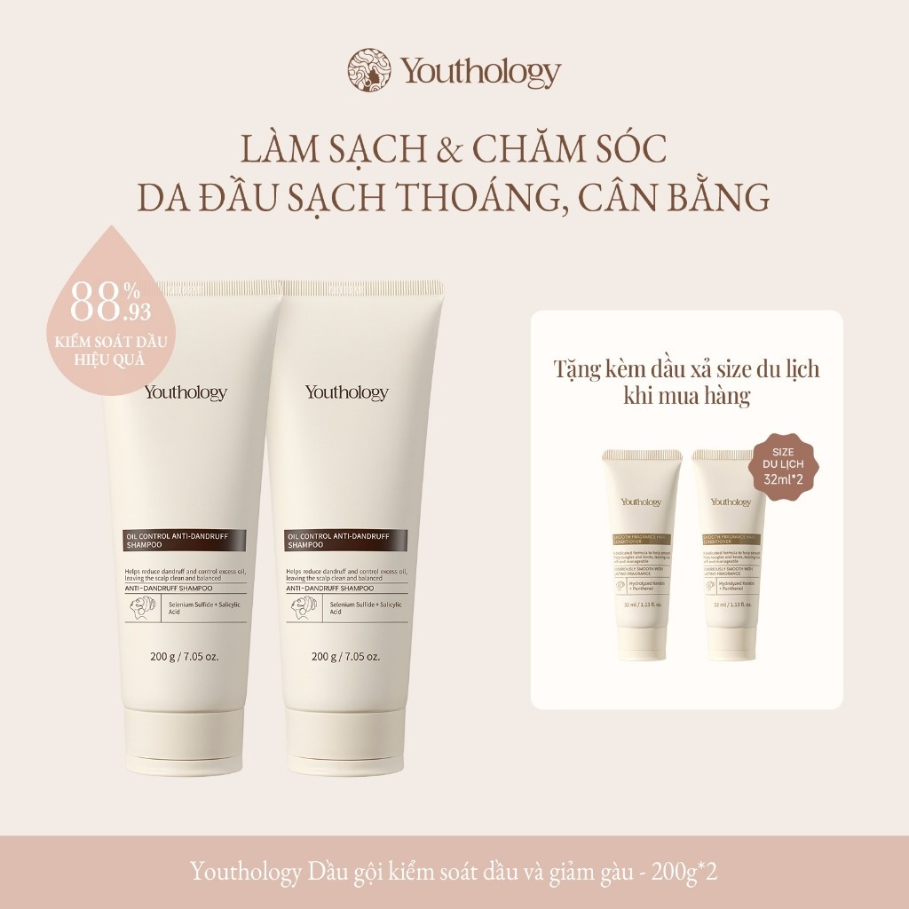 Youthology Dầu Gội Ngừa Gàu Kiểm Soát Dầu 200g x2 – Tặng Dầu Xả Du Lịch 32ml x2, Giảm Ngứa, Sạch Gàu, Thơm Lâu
