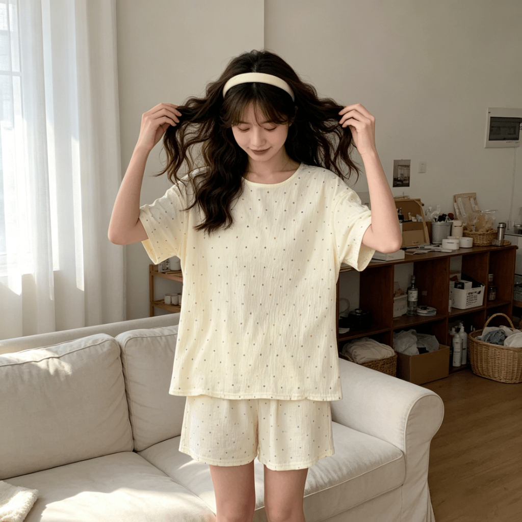 【Bông 100%】Bộ đồ ngủ mùa hè mỏng nhẹ – Cổ tròn rộng rãi thoải mái – Áo tay ngắn + quần short – Giá tốt – Đồ mặc nhà / đồ ngủ nữ