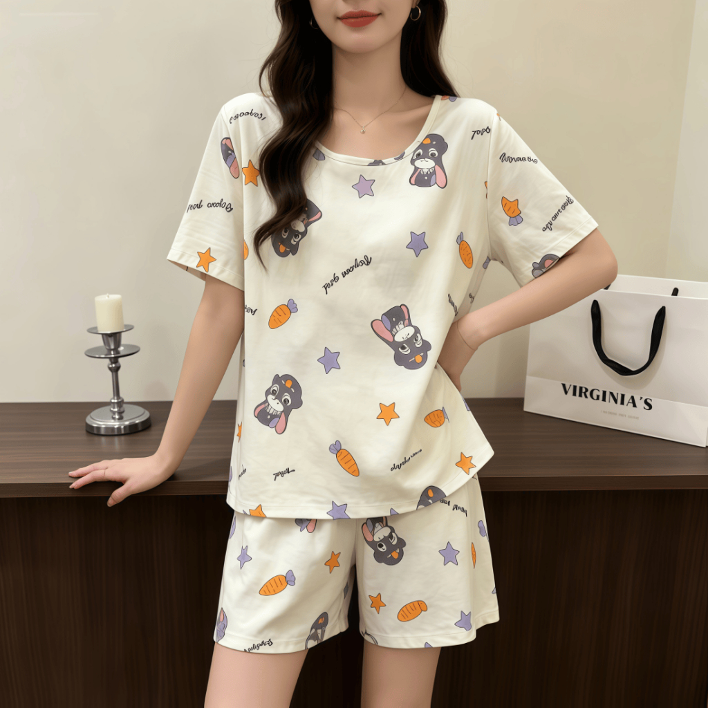 【Bông 100%】Bộ đồ ngủ mùa hè mỏng nhẹ – Cổ tròn rộng rãi thoải mái – Áo tay ngắn + quần short – Giá tốt – Đồ mặc nhà / đồ ngủ nữ