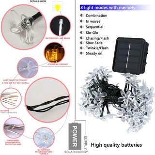 Đèn dây năng lượng mặt trời 12M 100LEDs Hoa anh đào Đèn sân vườn Giáng sinh Đèn LED chống nước Nhà Đèn dây cổ tích Đèn đường ngoài trời Trang trí vòng hoa hoa