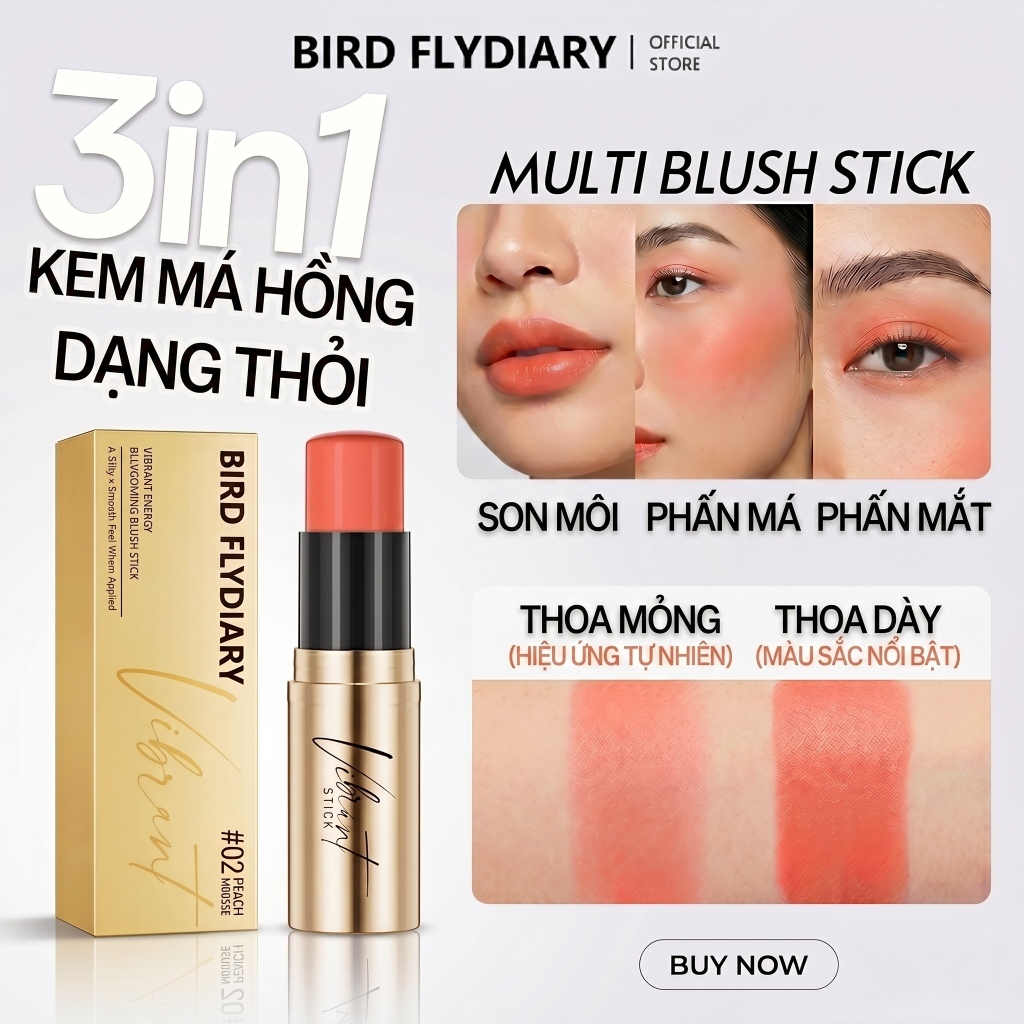 Bird Flydiary Phấn Má Hồng 3-trong-1 Dạng Kem Tạo Hiệu Ứng Căng Bóng Dễ Tán Không Bị Lem Bền Màu Chống Nước Phù Hợp Người Mới Bắt Đầu Tông Màu Tự Nhiên Phong Cách Drewy Blush Stick Makeup Hàn Quốc