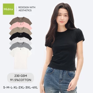 MIDMX Nữ Slim-fit Áo Thun Ngắn Tay 91,5% Cotton Mềm Mại Co Giãn Thắt Lưng Cơ Bản