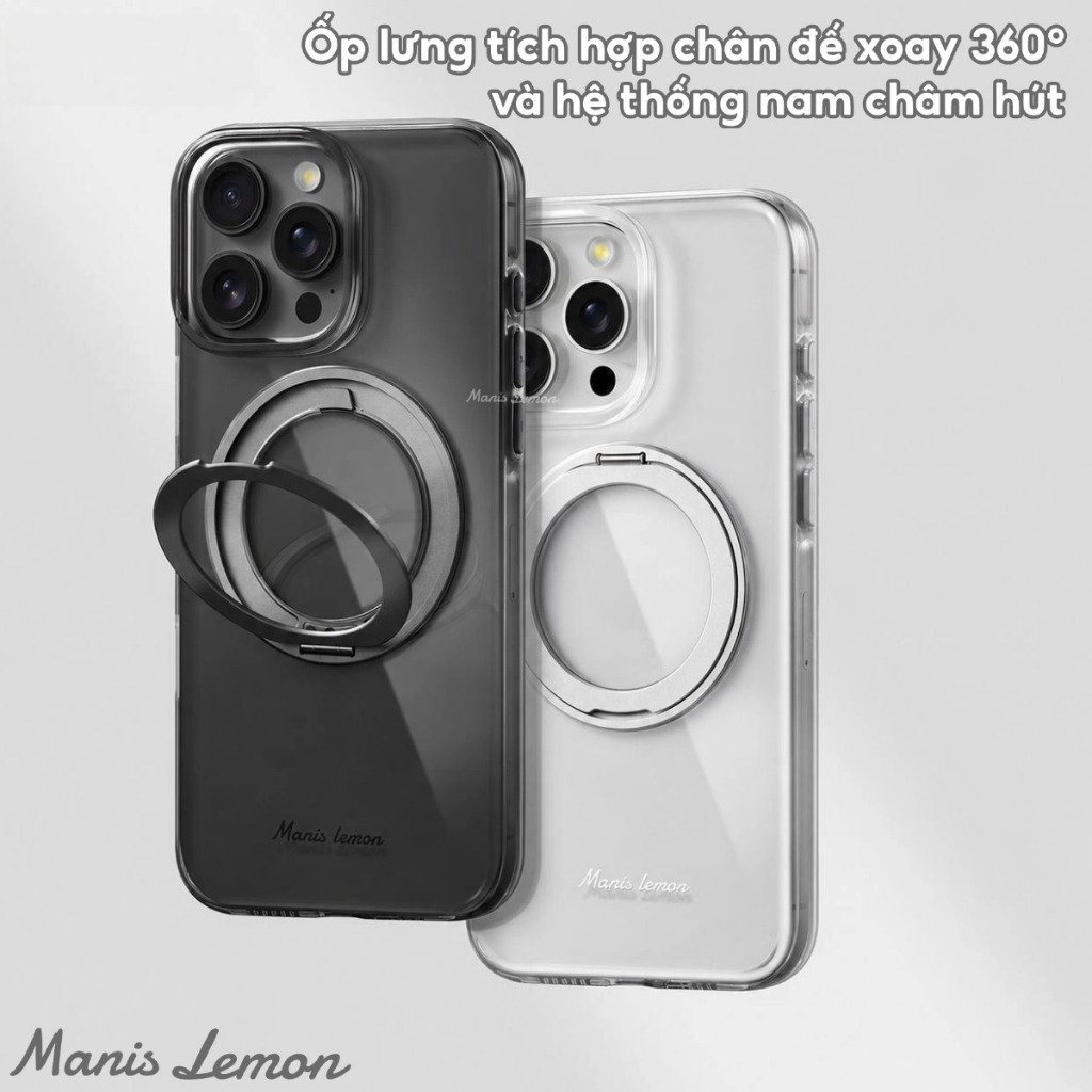 Ốp Lưng Manis Lemon Trong Suốt Từ Tính, Chân Đế Xoay 360°, Bảo Vệ Camera, Hỗ Trợ Sạc Magnetic, Cho iPhone 17 16 15 14 Pro Max