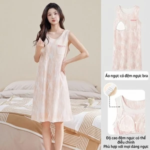 Bộ Đồ Ngủ Cotton, váy ngủ áo vest cổ tròn mỏng, có miếng lót ngực, thoáng mát, phù hợp mùa hè