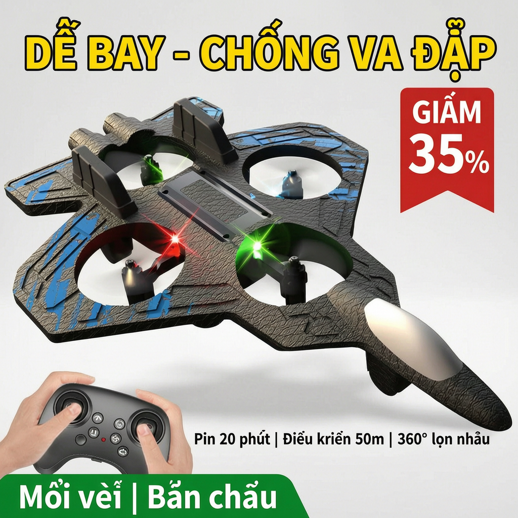 Máy Bay Điều Khiển Từ Xa Drone Foam 2 Trong 1 Cho Bé | Lộn 360° | Chống Va Đập | Đèn LED Bay Đêm | Pin Lâu | Quà Tặng Trẻ Em