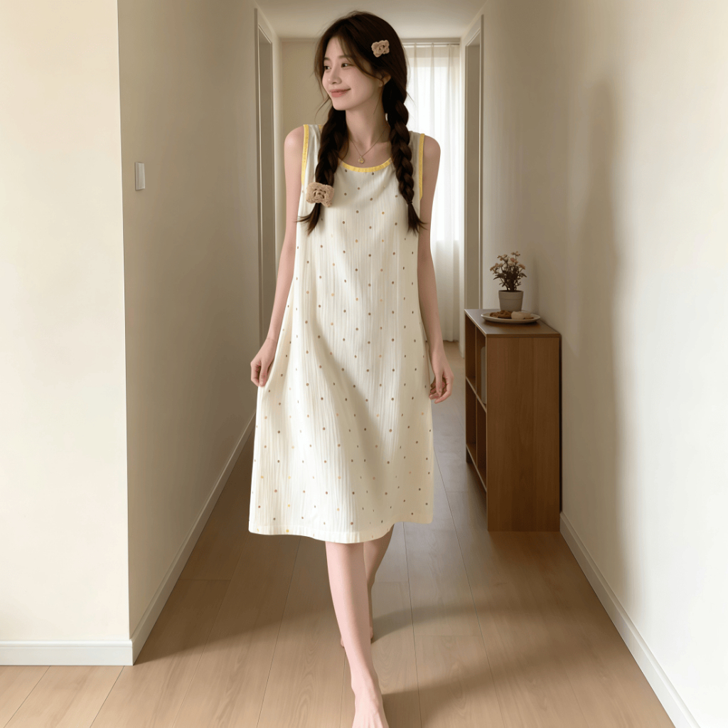【Bản có độn ngực】Đầm ngủ nữ phong cách Nhật Bản dễ thương mới thu xuân 2026: Áo dây quai / ba lơ cotton mát, in / màu trơn đơn giản, ngọt ngào【mặc nhà hay dạo phố đều đẹp】