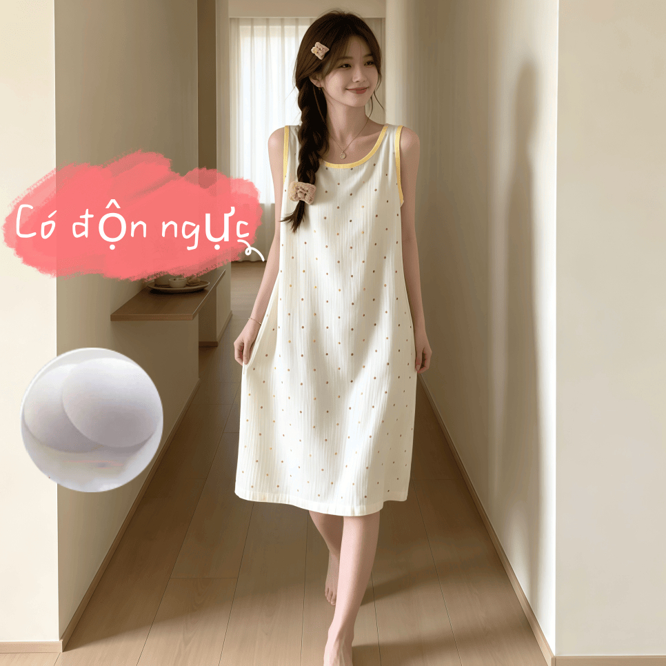 【Bản có độn ngực】Đầm ngủ nữ phong cách Nhật Bản dễ thương mới thu xuân 2026: Áo dây quai / ba lơ cotton mát, in / màu trơn đơn giản, ngọt ngào【mặc nhà hay dạo phố đều đẹp】